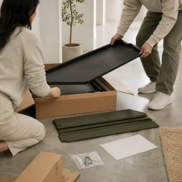 Unboxing an XXL dog crate and checking panels and floor pan for shipping damage