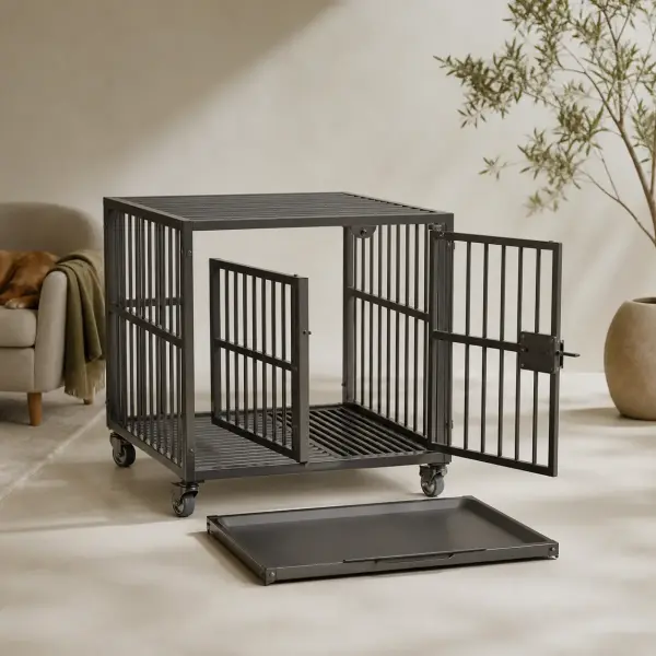 Heavy duty dog crate features: removable tray, divider panel, locking door and caster wheels