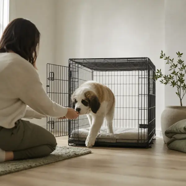 Owner crate training a large breed puppy with the crate door open and a treat
