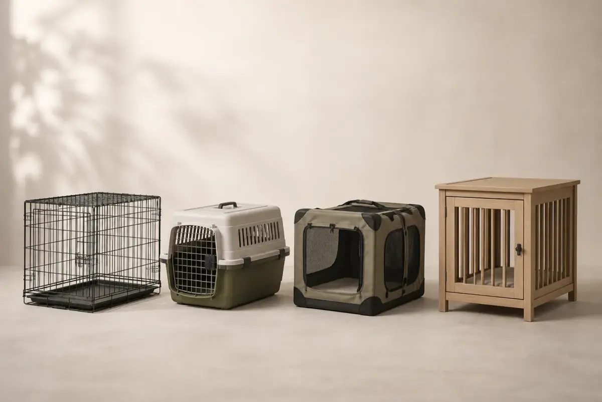 Four XXL dog crate types side by side: folding wire, plastic travel kennel, soft-sided and furniture-style cabinet