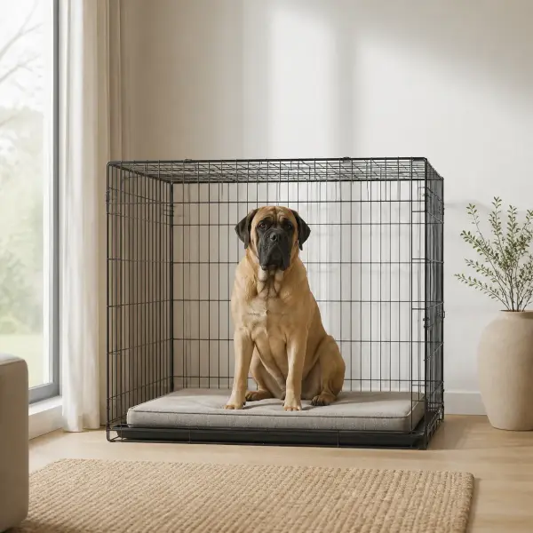 Mastiff sitting calmly inside an XXL dog crate with plenty of headroom