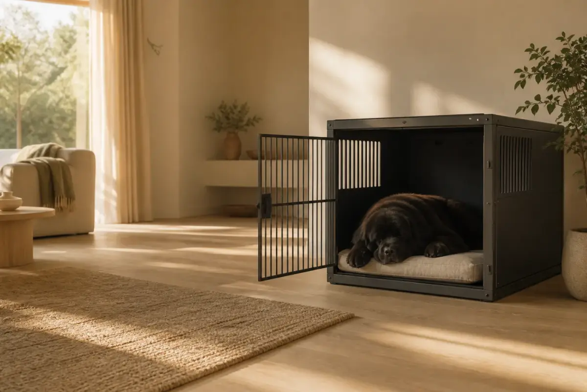 Newfoundland asleep in an XXL heavy duty dog crate with the door open