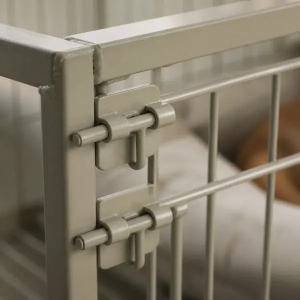Close-up of a heavy duty steel dog kennel door with two slide-bolt escape-proof latches
