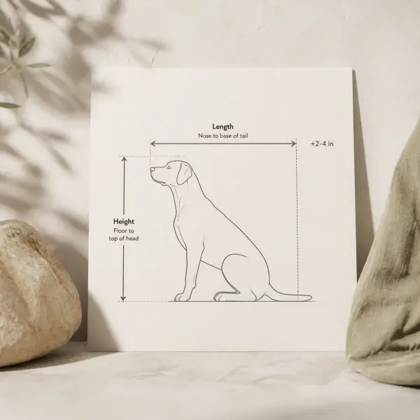 Diagram showing how to measure a giant breed dog for an XXL crate by length and sitting height